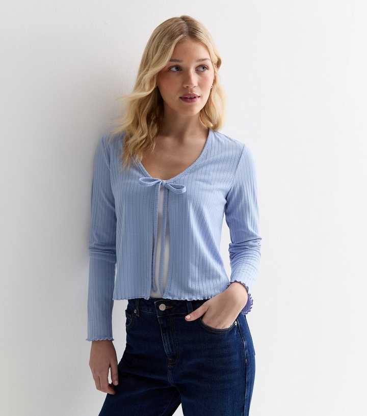 Pale Blue Ribbed Tie Front Cardigan