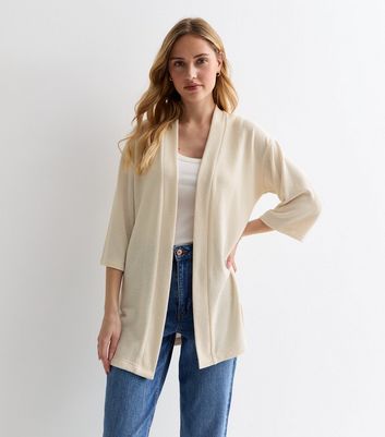 Cream Textured 3/4 Sleeve Cardigan | New Look