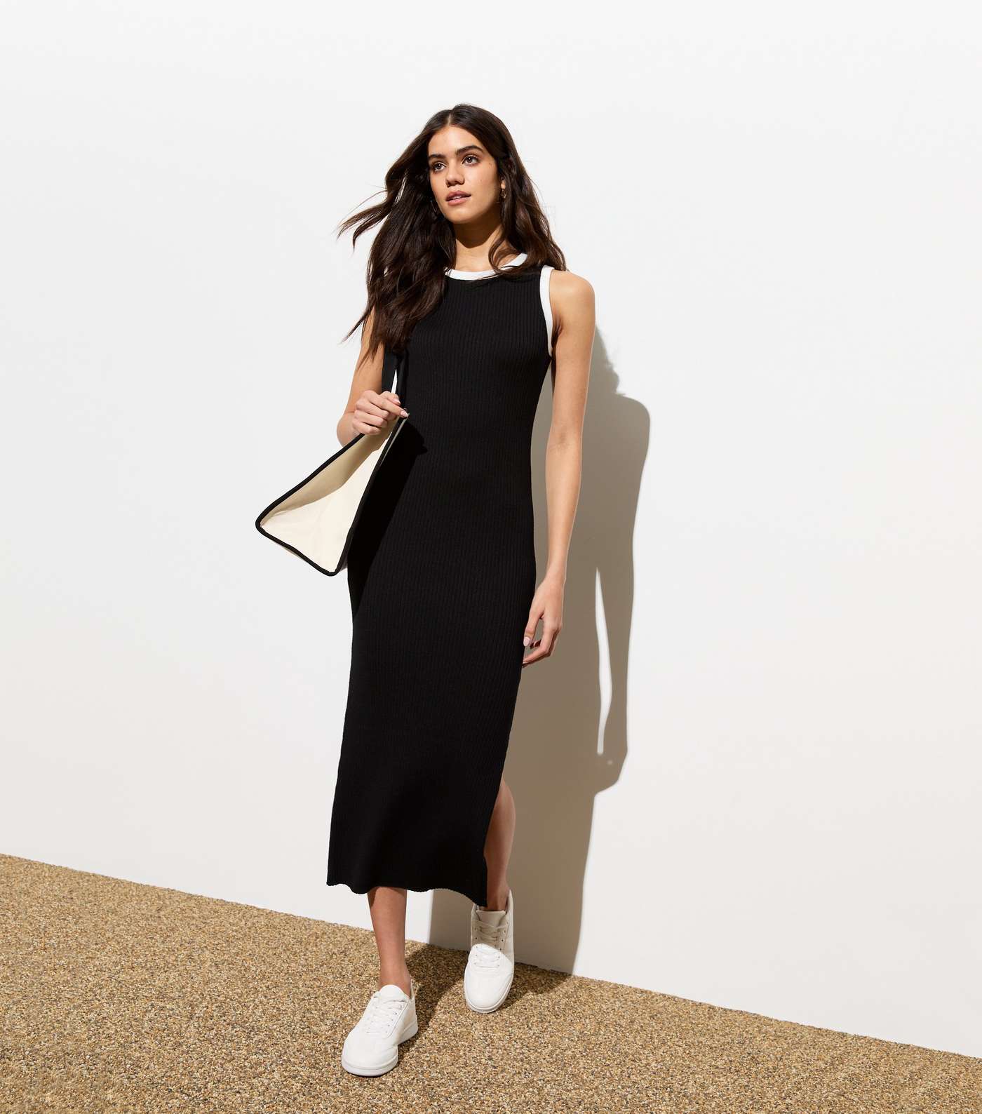 Black Ribbed Contrast Trim Split Hem Midi Dress Image 2