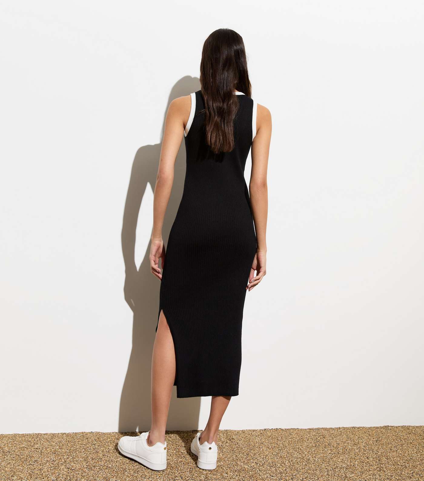 Black Ribbed Contrast Trim Split Hem Midi Dress Image 4
