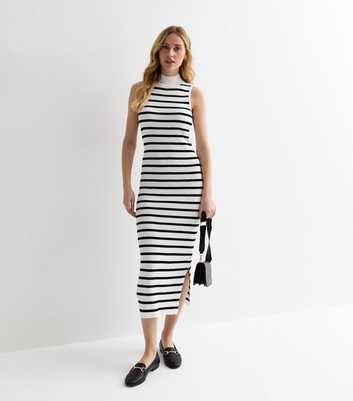 White Stripe Ribbed Knit High Neck Split Hem Midi Dress