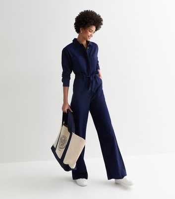Tall Navy Cotton Belted Utility Jumpsuit
