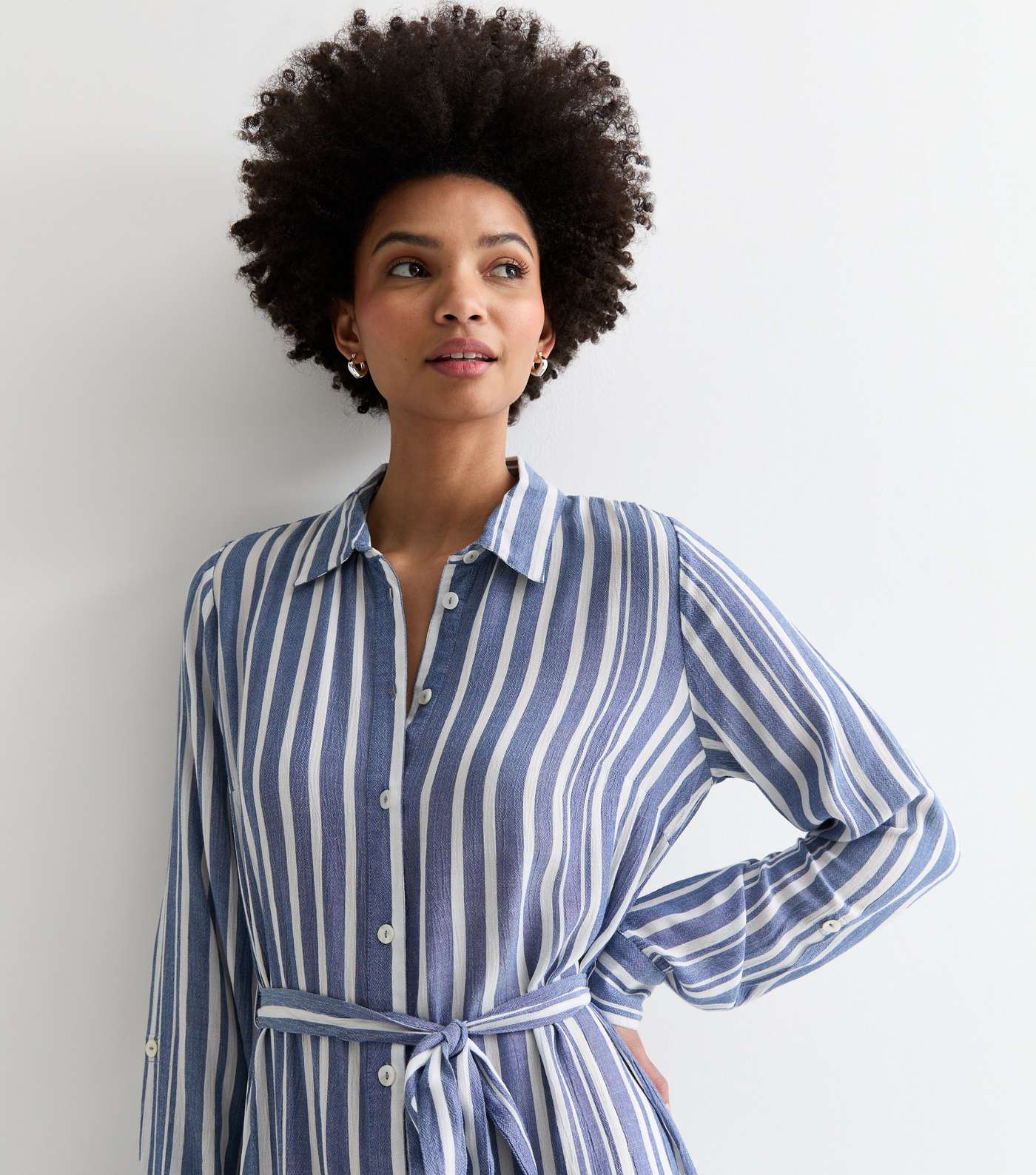 Tall Blue Stripe Belted Midi Shirt Dress Image 2