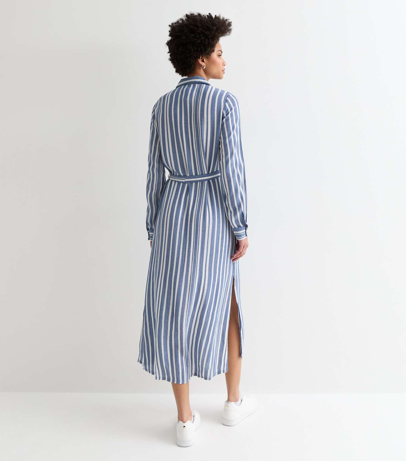 Tall Blue Stripe Belted Midi Shirt Dress Image 4