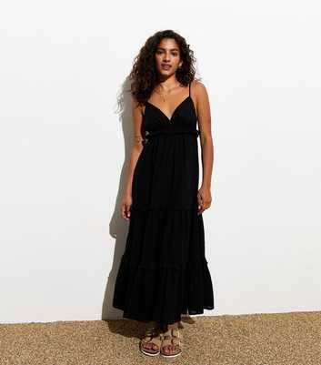 Petite Black Cotton Strappy Midi Dress