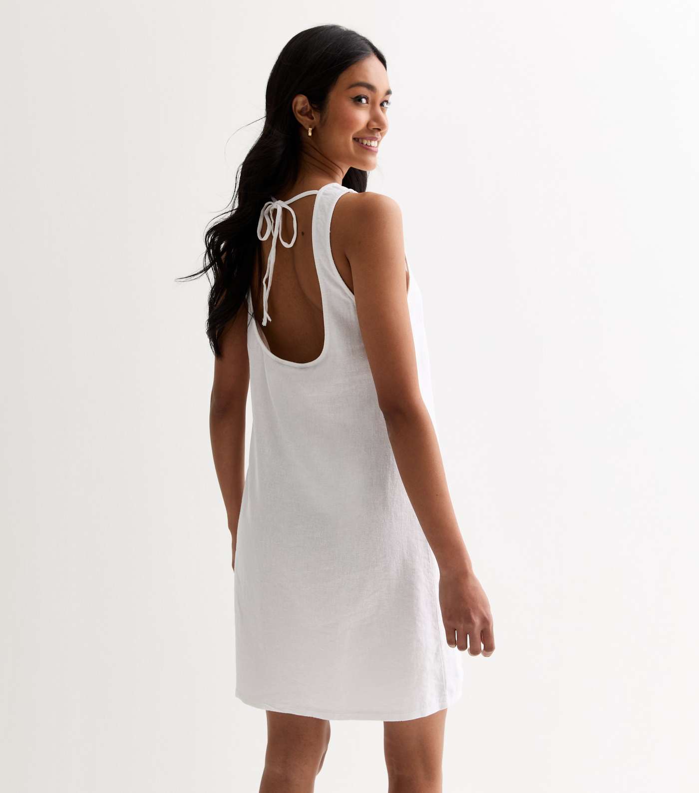 Off White Linen Blend Open Back Mini Dress Image 4