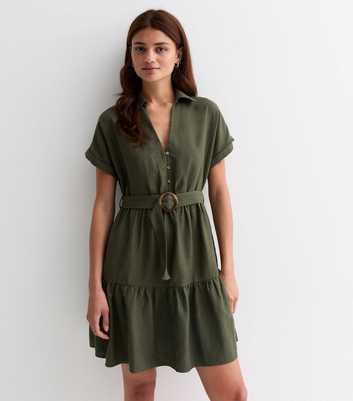 Olive Short Sleeve Belted Mini Shirt Dress