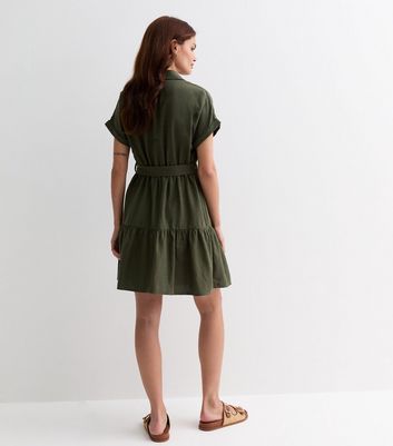 Olive Short Sleeve Belted Mini Shirt Dress New Look