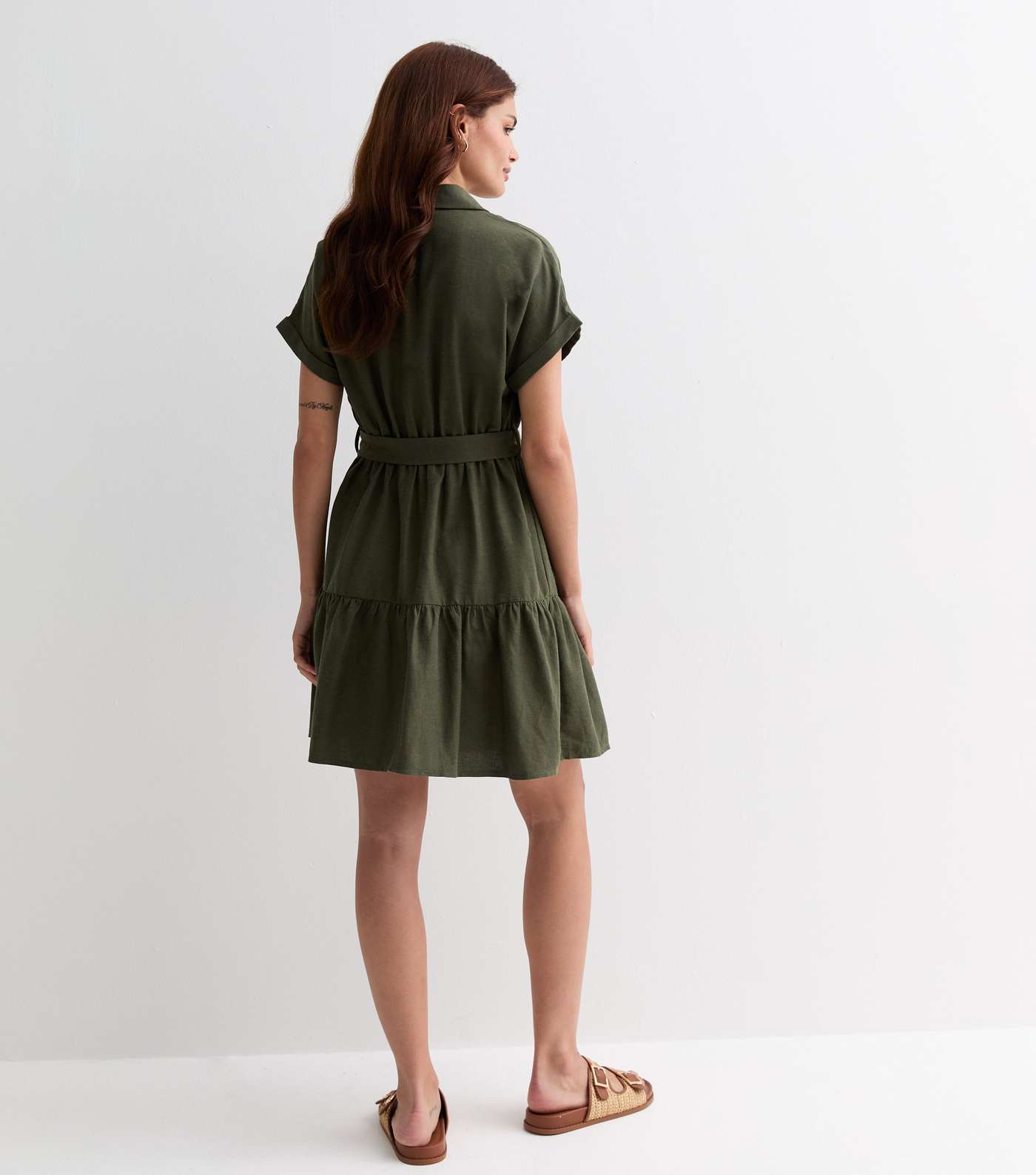 Olive Short Sleeve Belted Mini Shirt Dress Image 4