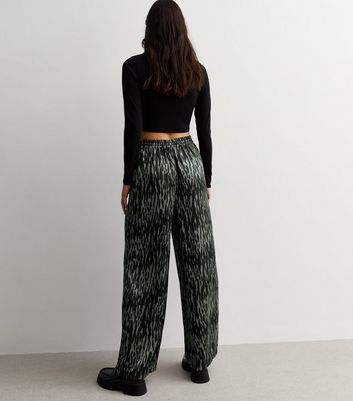 Black Abstract Print Satin Wide Leg Trousers New Look
