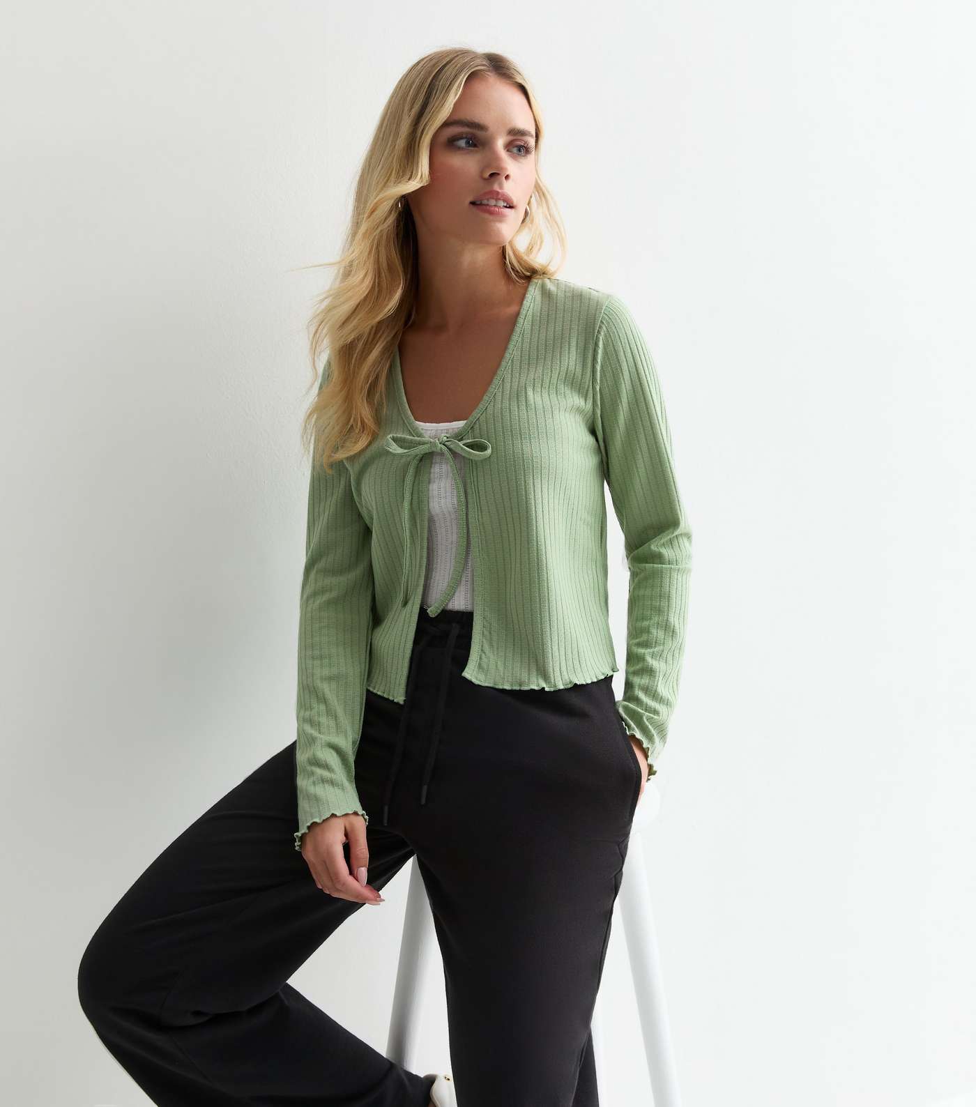 Petite Light Green Ribbed Tie Front Cardigan Image 3