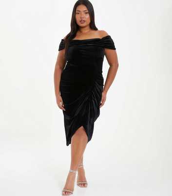 QUIZ Curves Black Velvet Bardot Midi Bodycon Dress