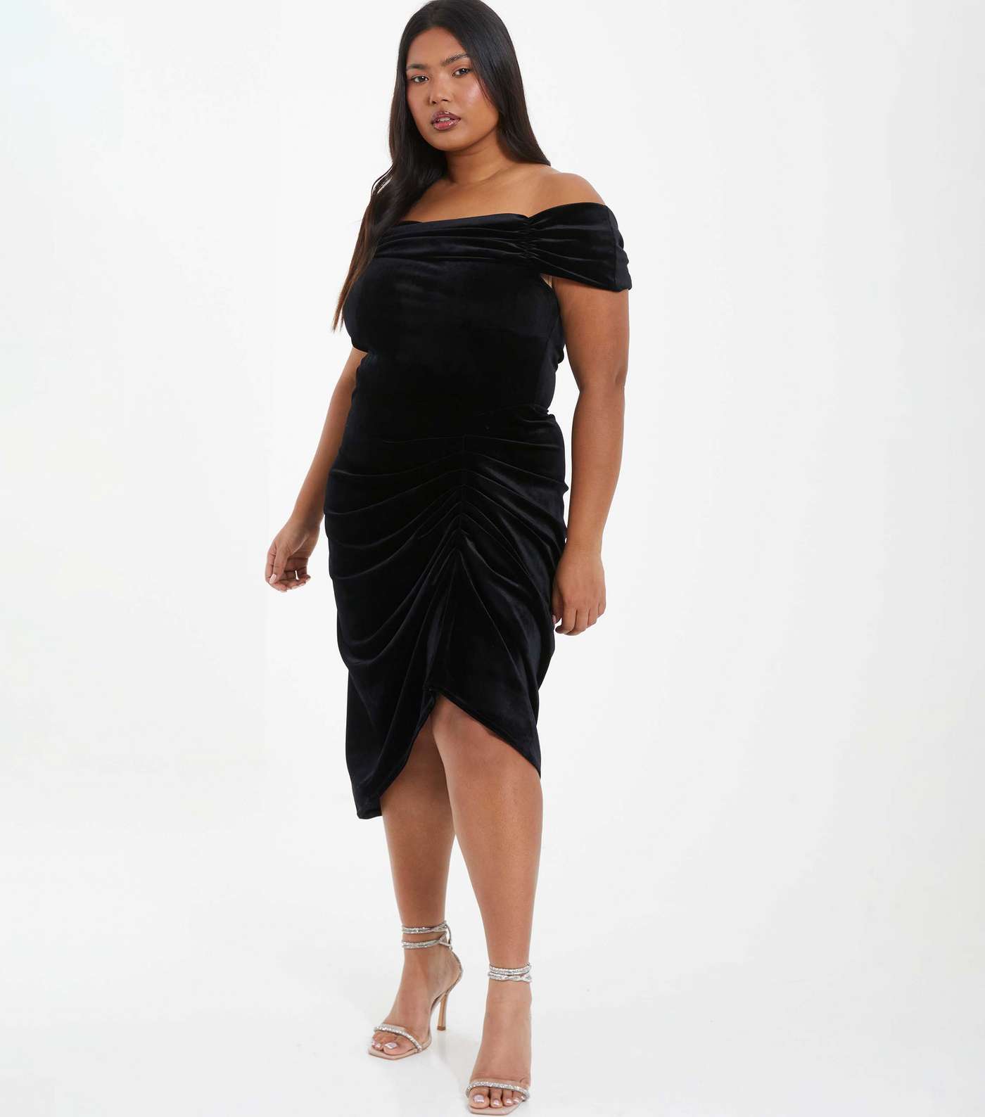 QUIZ Curves Black Velvet Bardot Midi Bodycon Dress Image 2