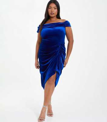 QUIZ Curves Bright Blue Velvet Bardot Midi Dress