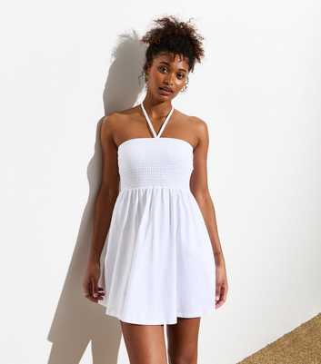 White Shirred Halterneck Mini Dress