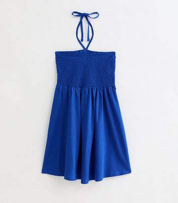Blue Shirred Halterneck Mini Dress New Look