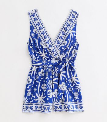 Blue Leaf Print Sleeveless Belted Playsuit New Look