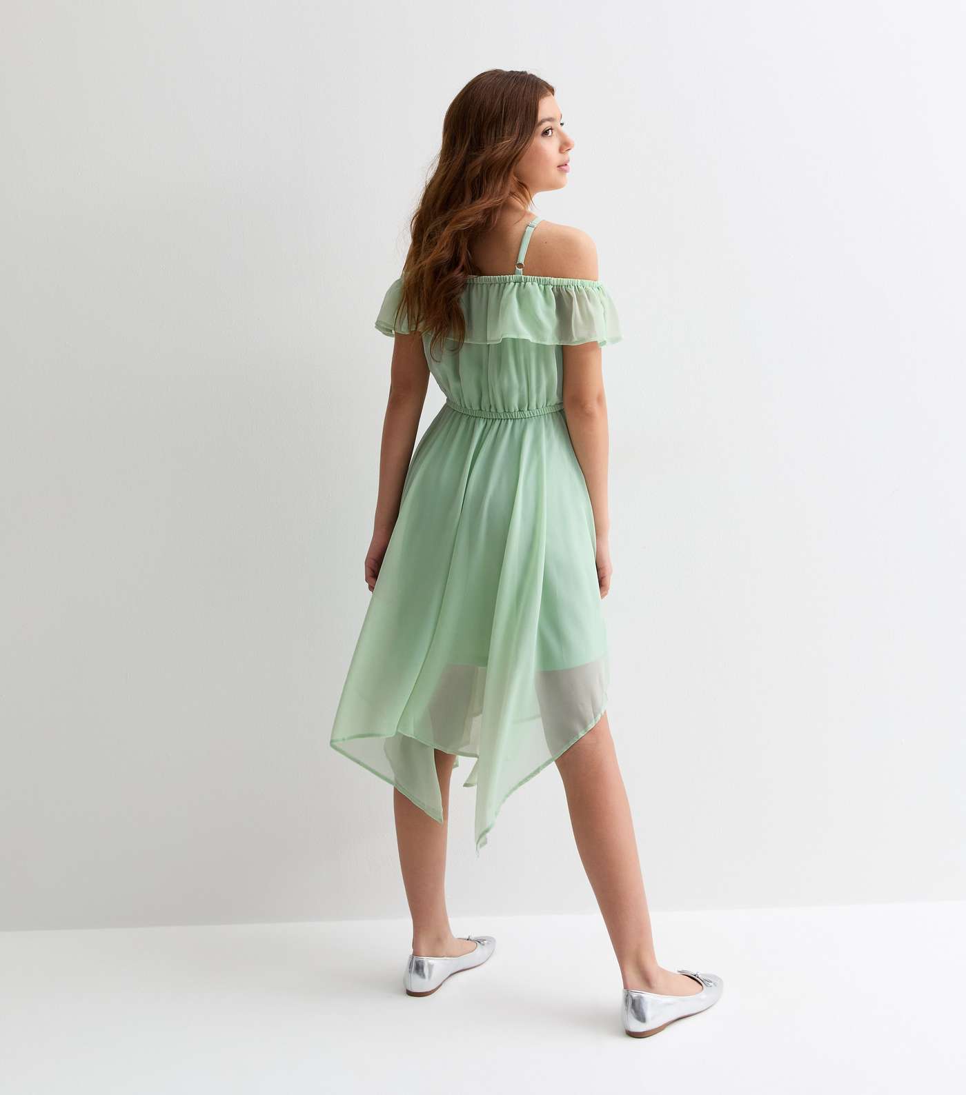 Girls Light Green Chiffon Strappy Hanky Hem Midi Dress Image 4