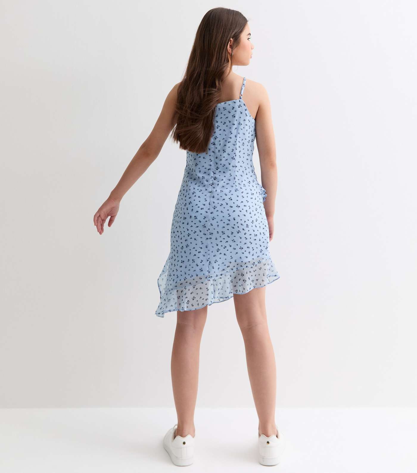 Girls Blue Ditsy Print Ruffle Asymmetric Mini Dress Image 4