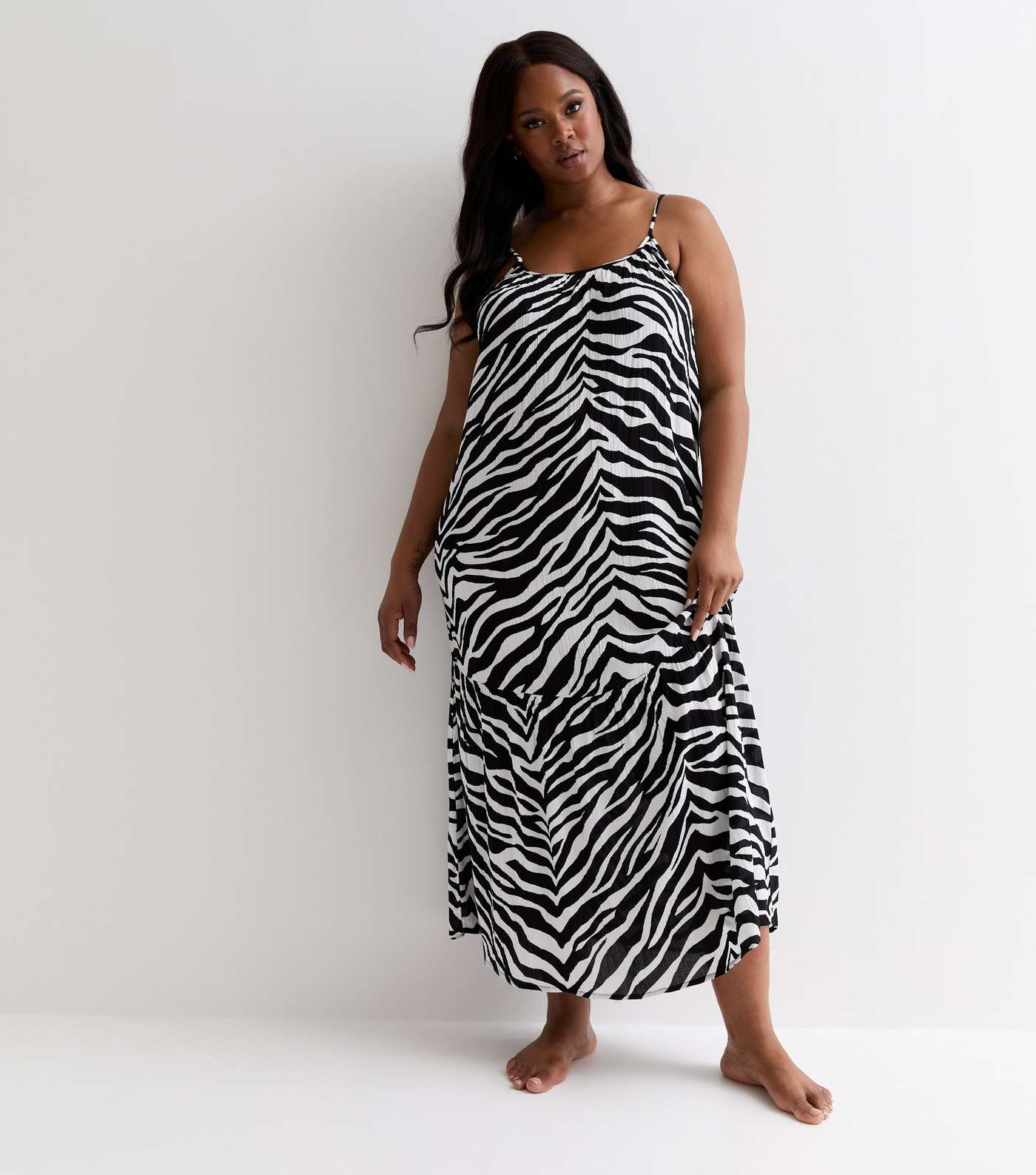 Curves White Zebra Print Cross Back Maxi Beach Dress Image 3