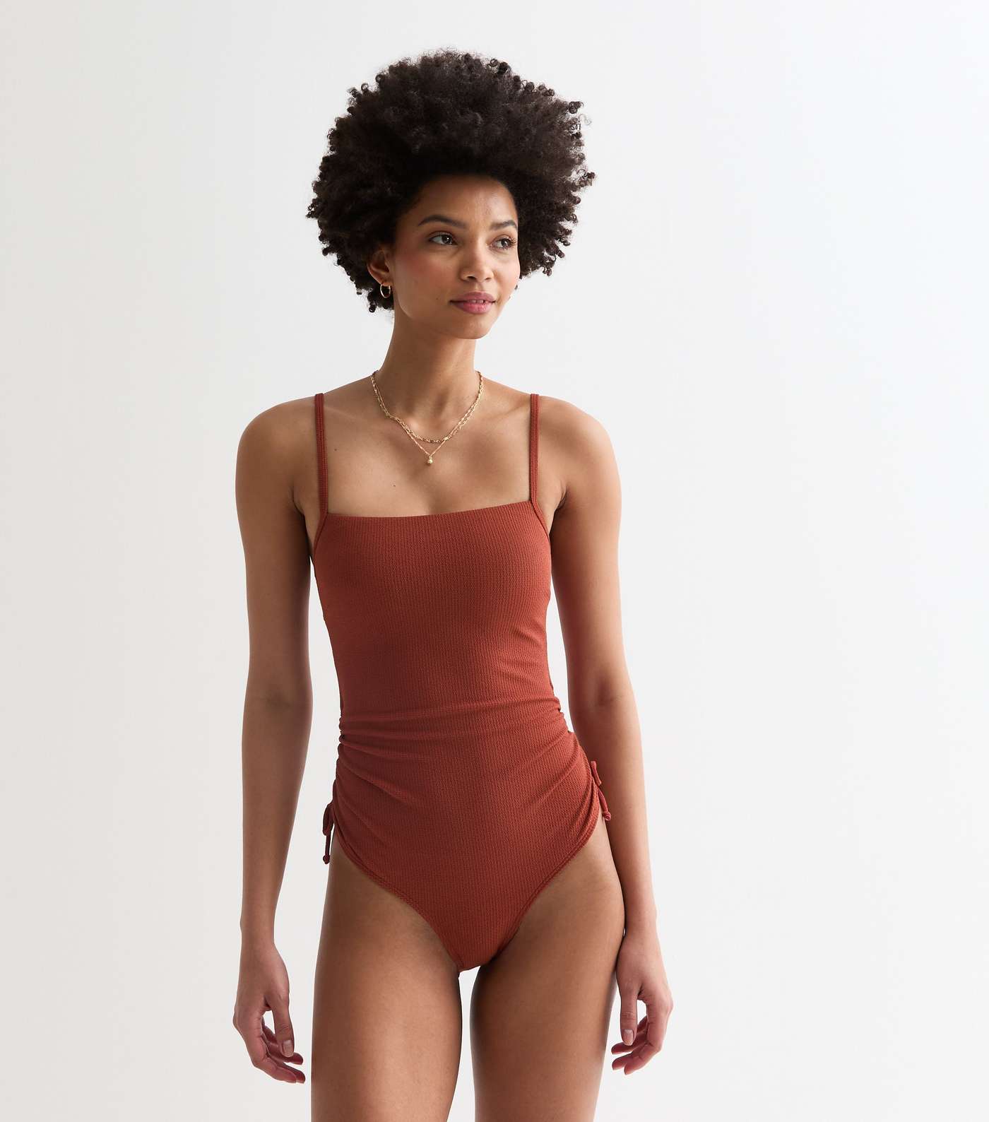 Tall Rust Textured Square Neck Ruched Swimsuit Image 3