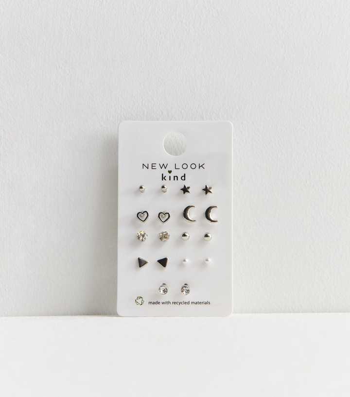 Silver Tone Pack of 9 Assorted Tiny Stud Earrings