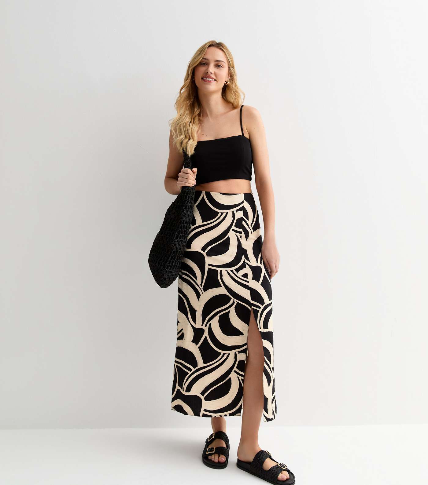 Black Abstract Print Split Front Midi Skirt