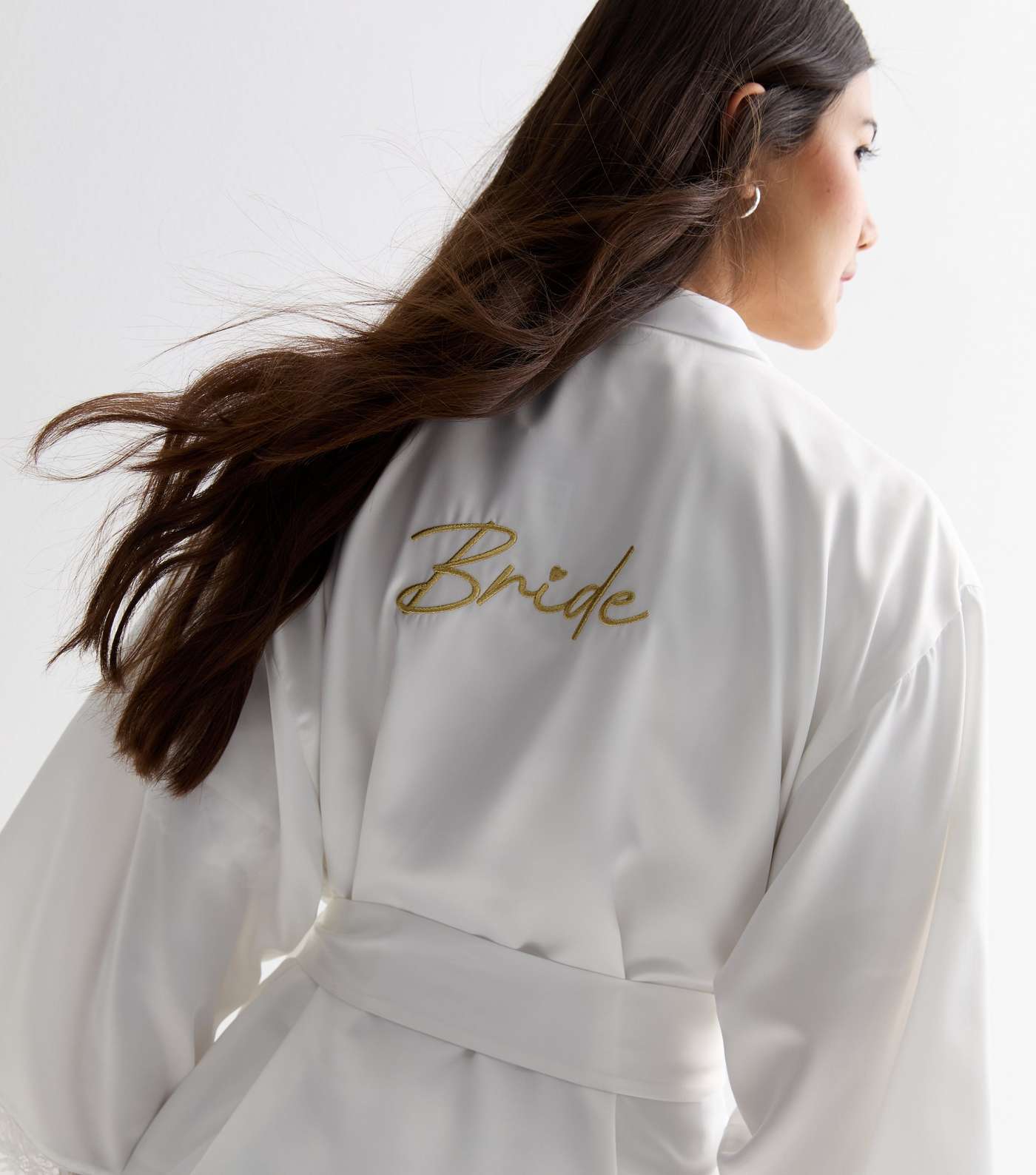 White Satin Lace Trim Bride Logo Belted Dressing Gown Image 3