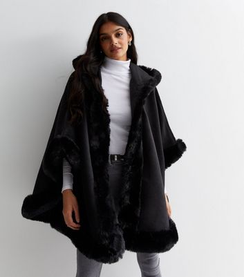 Gini London Black Faux Fur Trim Hooded Cape New Look