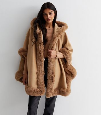 Gini London Camel Faux Fur Trim Hooded Cape New Look