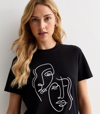 Black Foil Sketch Face Print Cotton T-Shirt New Look