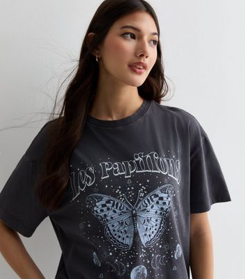 Grey Graphic Print Butterfly Acidwash T-Shirt New Look