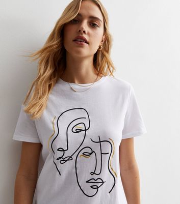 White Cotton Metallic Sketch Face Logo T-Shirt | New Look
