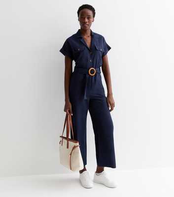 Tall Navy Short Sleeve Belted Utility Jumpsuit