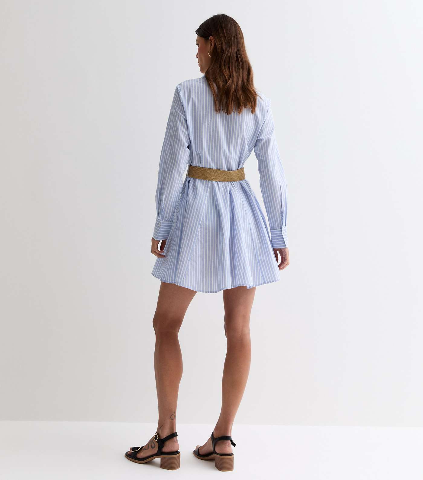 Blue Cotton Stripe Belted Mini Shirt Dress Image 4