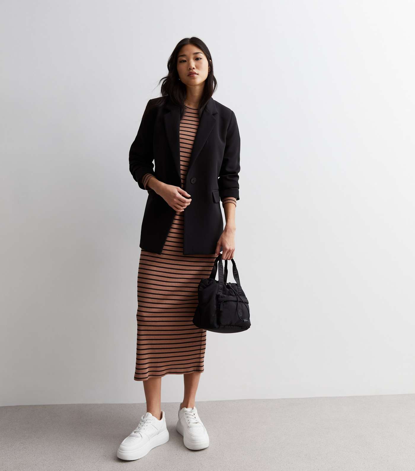 Brown Stripe Long Sleeve Midi Dress Image 3