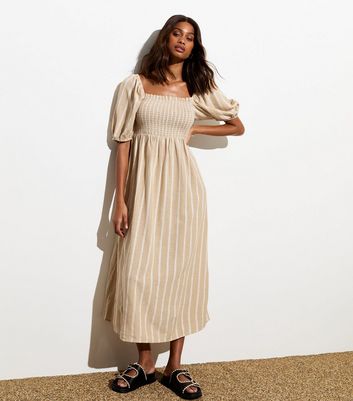 Light Brown Stripe Square Neck Shirred Midi Dress | New Look