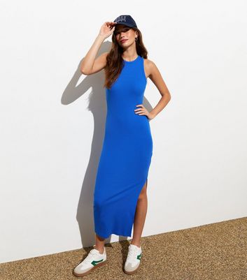 Blue Ribbed Racer Bodycon Midi Dress New Look