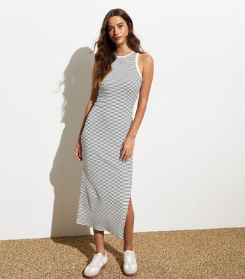 White Stripe Ribbed Racer Bodycon Midi Dress New Look