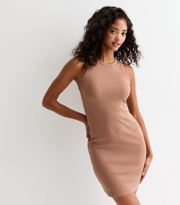 Camel Ribbed Racer Mini Dress New Look