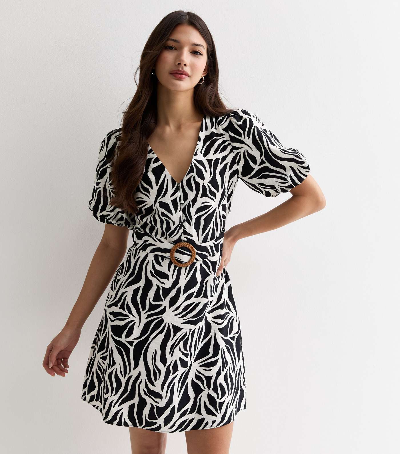 Black Abstract Print Belted Mini Dress Image 2