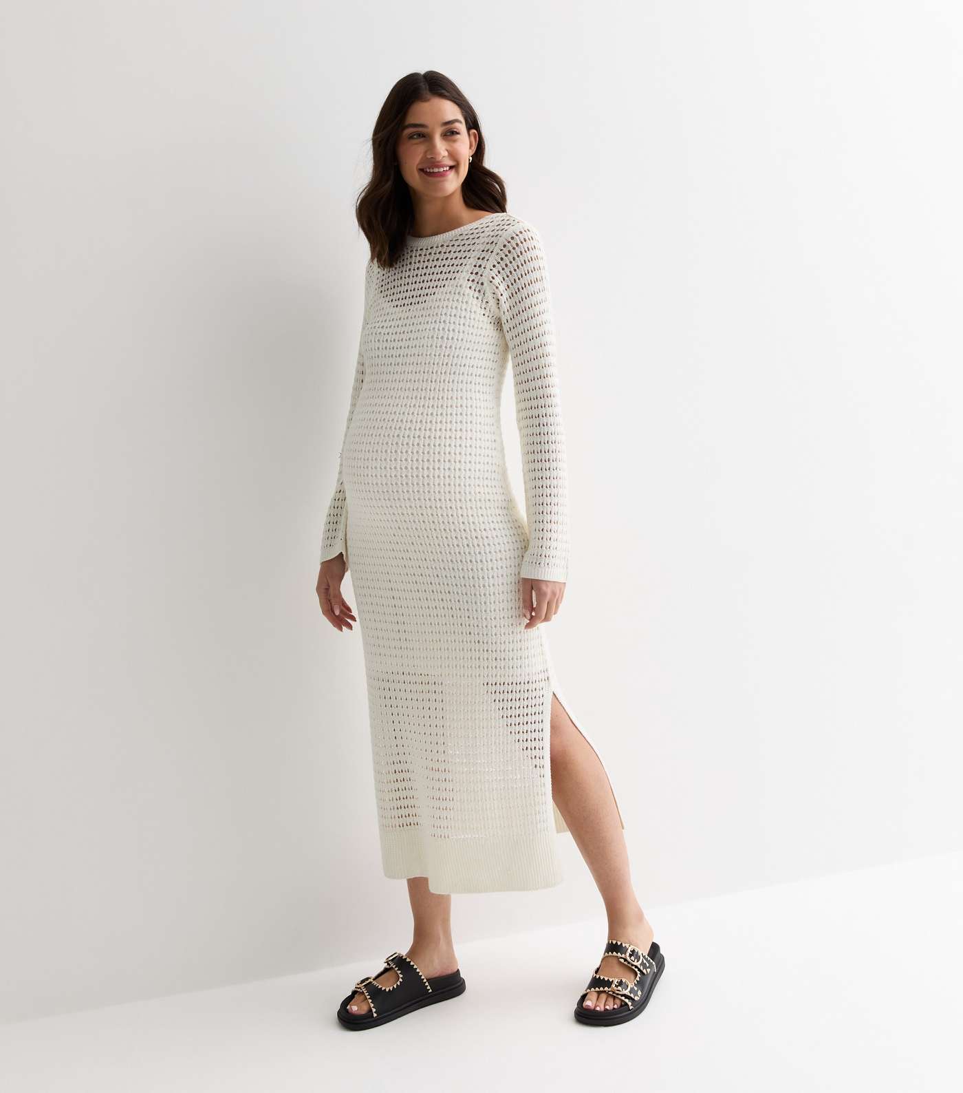 Maternity Cream Pointelle Stitch Knit Long Sleeve Maxi Dress Image 3