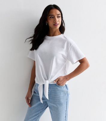 Petite White Cotton Tie Front T Shirt New Look