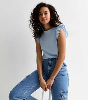Tall Blue Cotton Frill-Sleeve Top