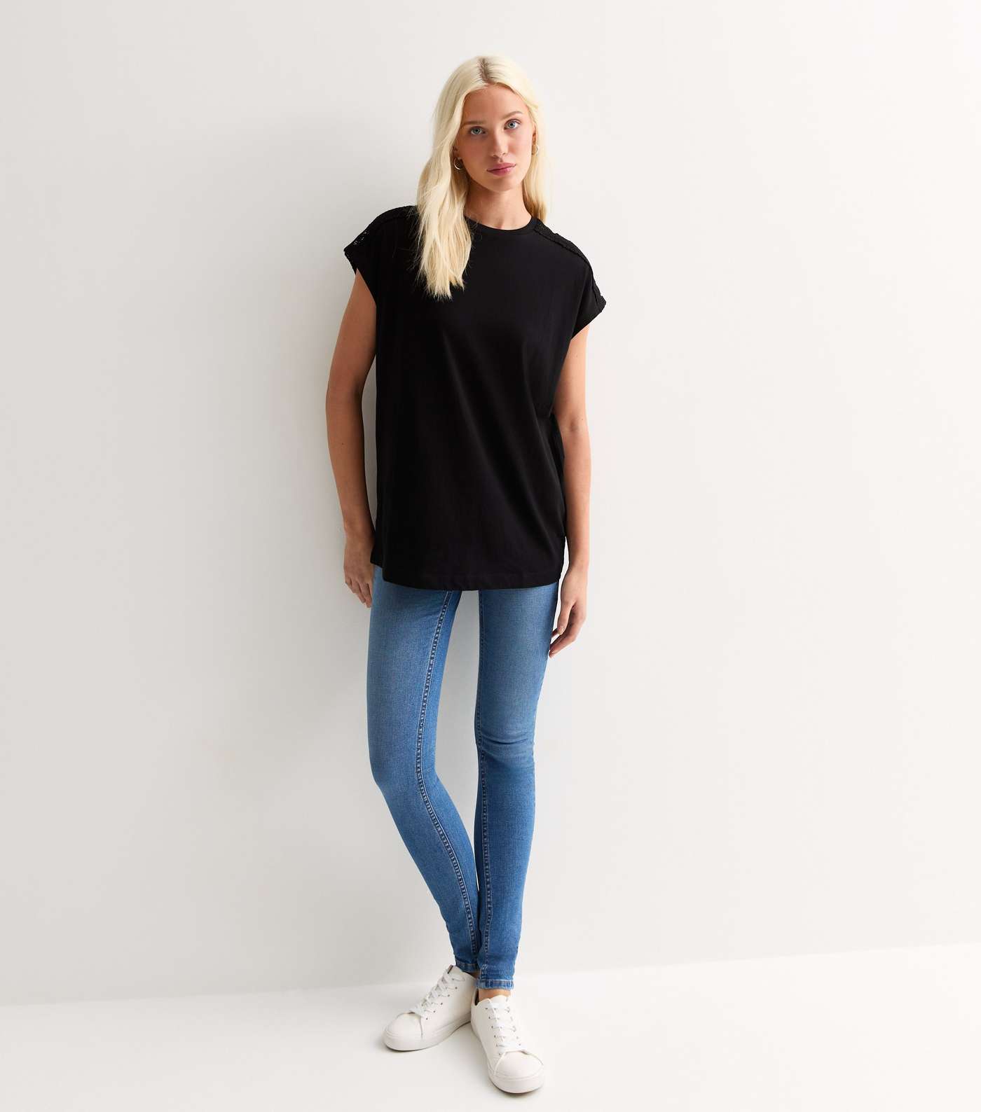 Tall Black Crochet Trim Cotton T-Shirt Image 3