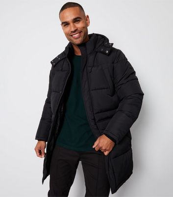 Men's Threadbare Black Hooded Long Puffer Coat New Look