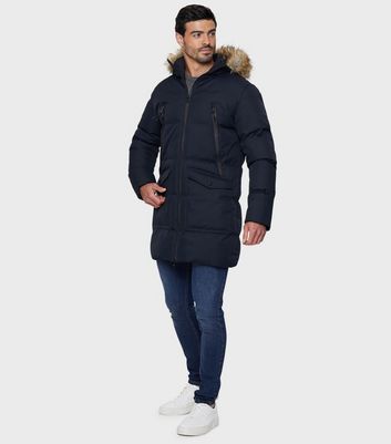 Men's Threadbare Navy Faux Fur Hood Parka Jacket New Look