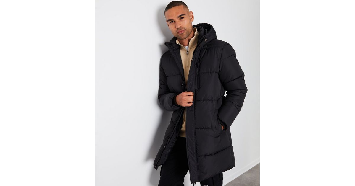 Threadbare Black Longline Hooded Puffer Jacket New Look