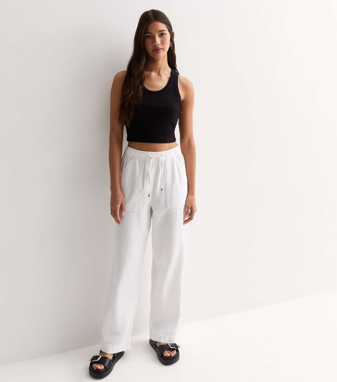 White Cotton Twill Wide Leg Trousers Image 3