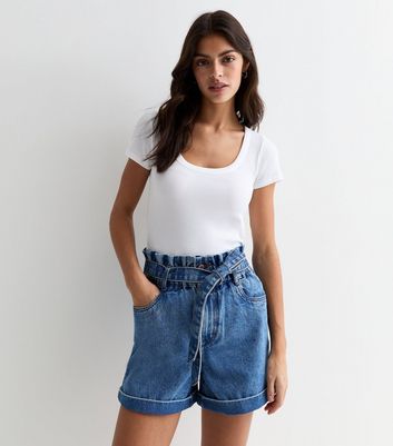 Blue Denim Paperbag Shorts New Look